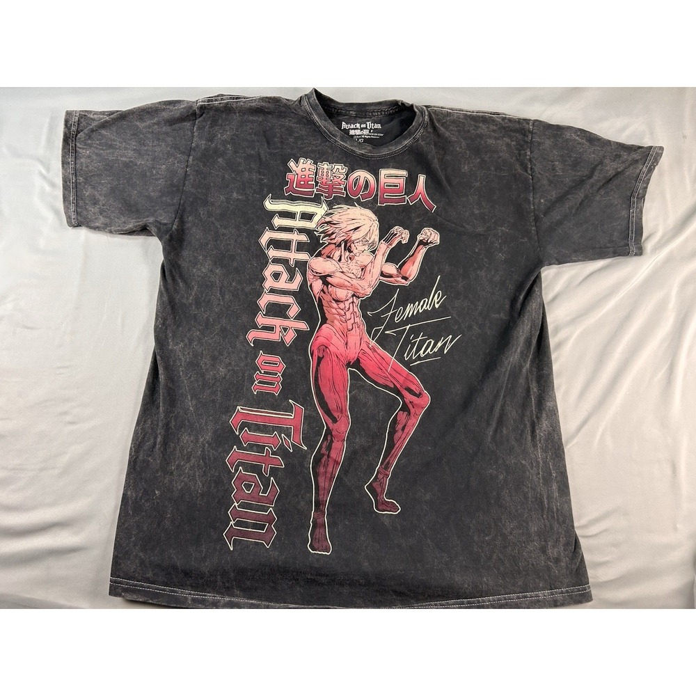 Attack On Titan Female Titan T‎ Shirt Mens Large Black Acid Wash Anime